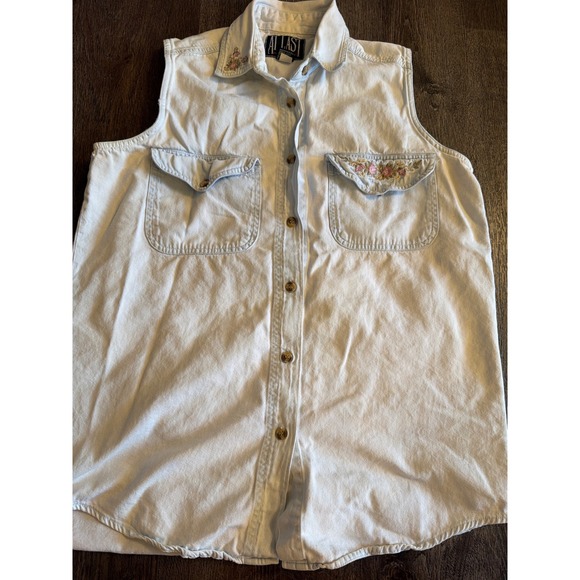 At Last New York Tops - At Last New York Vintage Sleeveless Denim Shirt Floral Embroidered Light Wash S